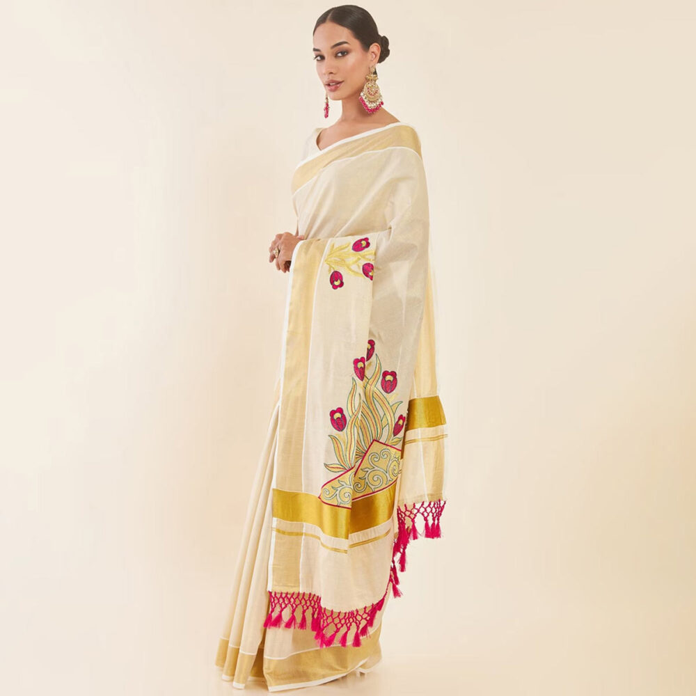 golden silk saree with contrast blouse
